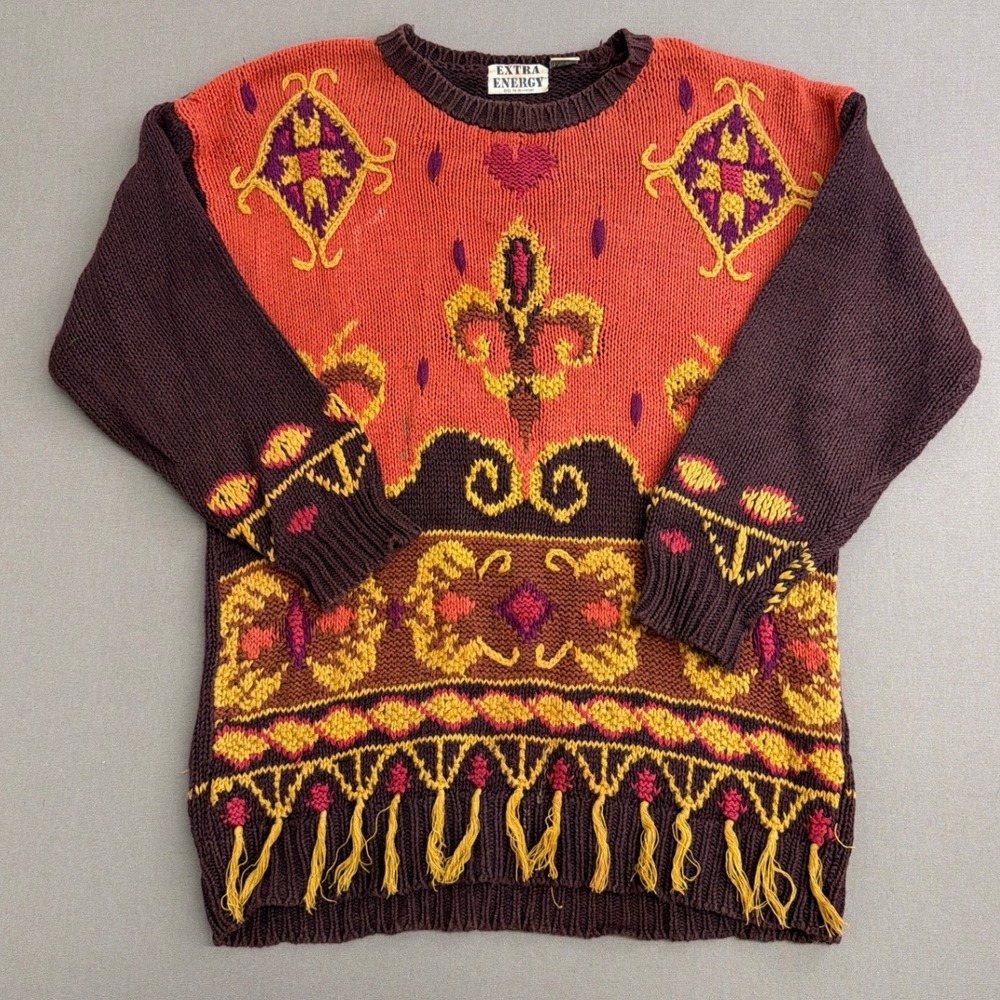 Vintage Extra Energy De Rotchild Orange Brown Intarsia Fringe Knit Sweater M